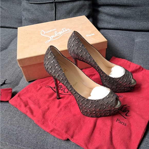 Christian Louboutin Black and Silver Peep-Toe Heels (Size 38) Almost New - Picture 1 of 16